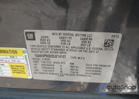 2013 GMC Acadia Sle-2 из США, поврежденный, VIN 1GKKVPKD2DJ214107